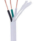 Exposed wires of White 18/3 SJT PVC Lamp Cord 3-Wire, 250 Ft Spool, fiber-reinforced for pendant and pulley light fixture
