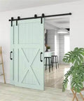 Heavy Duty Barn Door Hardware Kit For 4 To 16 Foot Sliding Track System With J Shaped Rollers For Double Doors installed in kitchen