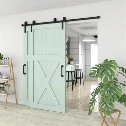 Heavy Duty Barn Door Hardware Kit For 4 To 16 Foot Sliding Track System With J Shaped Rollers For Double Doors installed in kitchen