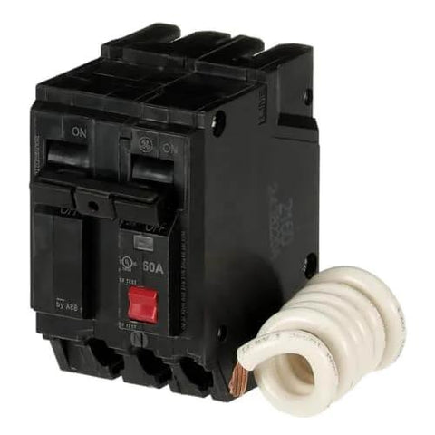 60 Amp Double-Pole Ground Fault Circuit Breaker with Self-Test, GFCI Safety Unit, Model THQL2160GFT2P, front view with coiled wire