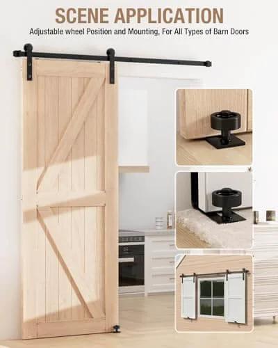Flush Floor Sliding Barn Door Roller Guide Set With Wall Mounted Hardware installed on a wooden barn door