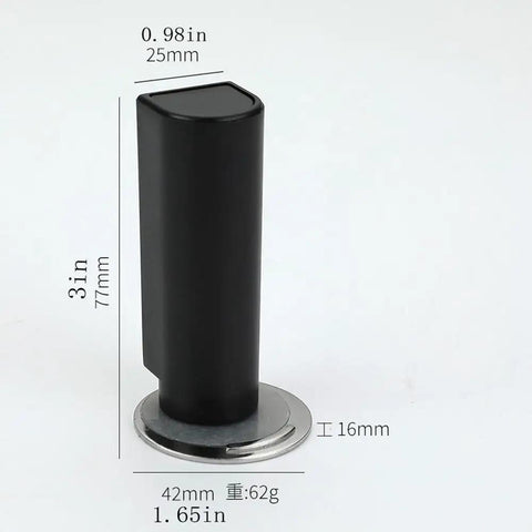 2 Pack Magnetic Door Stopper Set Black Stainless Steel No Drill Stick On Floor Mount With Strong Adhesive Tape Keeps Doors Open For Heavy Duty Home And Office Doors, shown with dimensions in millimeters and inches.