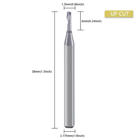 Amazon BISS router bit, 1/8 in shank, up-cut single-flute O-flute; 1/16 in dia, 0.24 in cut length, 1-1/2 in OAL