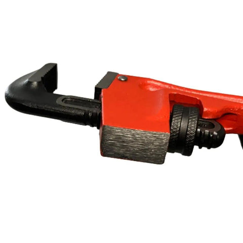 Close-up of 10 Inch Pipe And Valve Wrench For Heavy Duty Plumbing Industrial Grade Tool Built Tough With A Power Packed Torque Jaw.