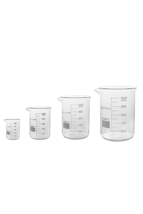 Set of low form beakers with extra large marking 50 mL 3.3 borosilicate glass for chemistry lab tests scientific mixing and more
