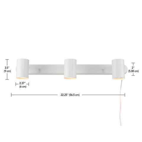 Three Light Plug In Track Lighting With Adjustable Heads In Matte White 22 Inch Length, 15 Foot Cord, Wall Mounted Dimensions