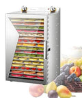 Badass 18 Layer Commercial Food Dehydrator Machine With Killer 360 Airflow Drying Rack For Jerky Fruits And Herbs Featuring Easy Clean Stainless Steel Trays, with fruits drying on trays.