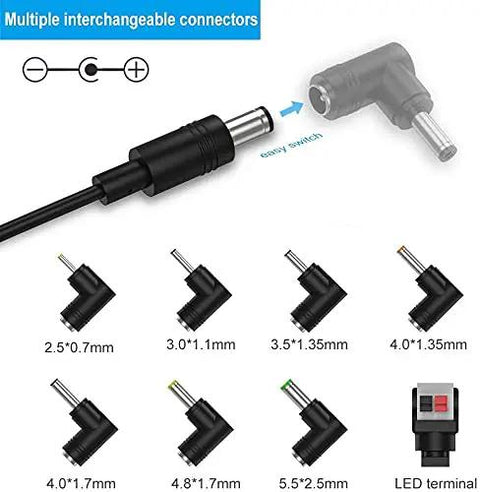 Multiple interchangeable connectors for 12V DC charger, showing various sizes and types for versatile device compatibility.