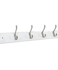 Wall Mount Wooden Coat Hooks And Rails With Zinc Alloy Entryway Organizer featuring six metal hooks on a white wooden bar.