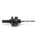 Klein Tools 31906 hole saw arbor with pins, 7/16-inch, side view with knurled collar and pilot drill