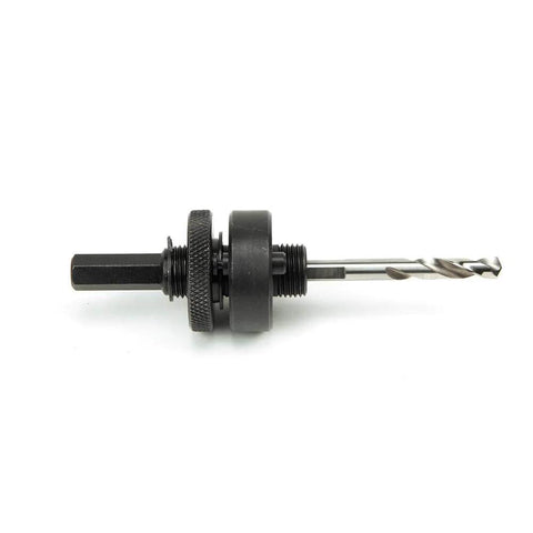 Klein Tools 31906 hole saw arbor with pins, 7/16-inch, side view with knurled collar and pilot drill