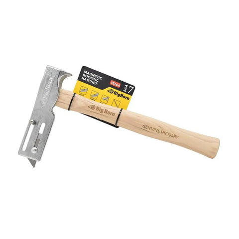 No Sweat One Hand Nail Setup Game Changing Magnetic Face Roofing Hatchet With Solid Forged Steel Head And Handy Utility Blade Sweet For Quick Dry In And House Wrap Projects That Contractors Straight Up Adore, shown with hickory handle.