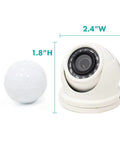 Lowkey Three Point Five Millimeter Mini Dome Camera 1000 TVL With Night Vision And Twelve Infrared LEDs showing dimensions next to ball