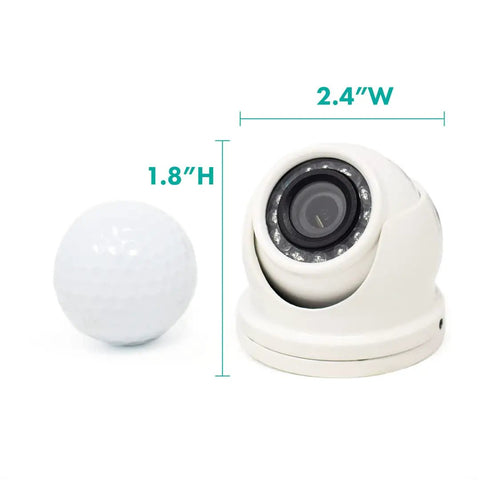 Lowkey Three Point Five Millimeter Mini Dome Camera 1000 TVL With Night Vision And Twelve Infrared LEDs showing dimensions next to ball