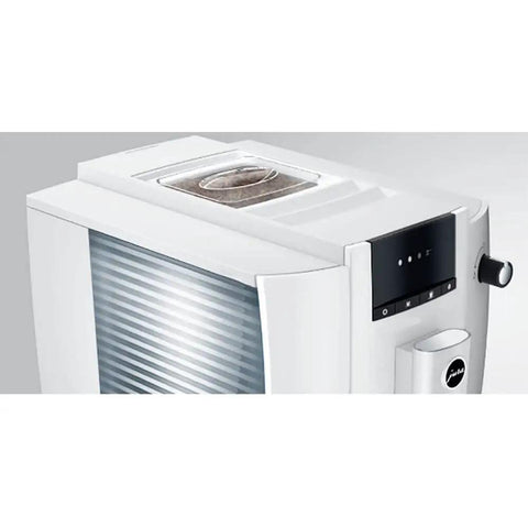 Effortless One Touch Barista Grade Automatic Coffee Maker With Conical Burr Grinder Pulls Rich Espresso And Lungo In Sleek Piano White Finish top view of control panel and grinder compartment.