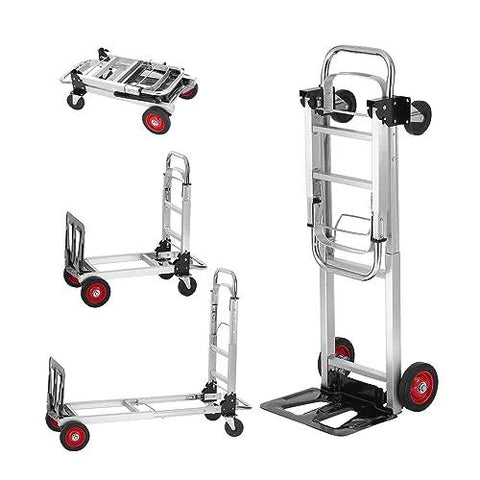 Aluminum folding hand trucks, set of 4 with red wheels in different configurations