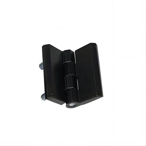 Beefed Up Black Zinc Alloy Door And Cabinet Hinge Set For Furniture with screws, shown from top angle