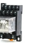 Front and side view of 35mm DIN Rail DC 12V Coil 4PDT 14P LY4NJ General Purpose Power Relay with black base for industrial control.