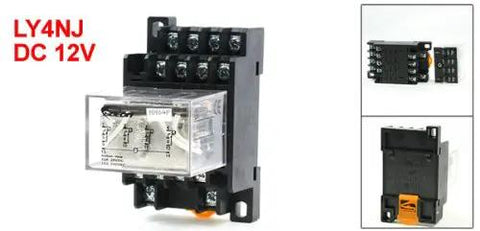 Front and side view of 35mm DIN Rail DC 12V Coil 4PDT 14P LY4NJ General Purpose Power Relay with black base for industrial control.