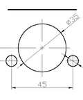 Hinge drilling jig schematic showing central Ø35 mm hole and two Ø8 mm holes, 45 mm wide