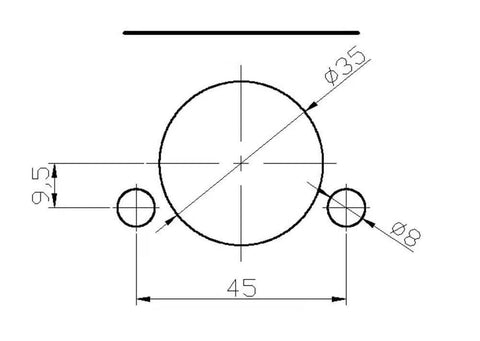 Hinge drilling jig schematic showing central Ø35 mm hole and two Ø8 mm holes, 45 mm wide