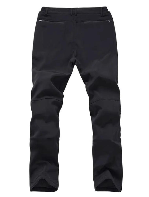 Back view of Men's Waterproof Softshell Snow Pants For Skiing And Snowboarding With Fleece Lined Interior, showing rear zippered pockets.