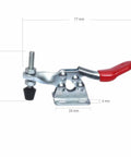 Side view of a 4 Pack Small Horizontal Toggle Clamps With 60 Lb Holding Power For Woodworking And Metalworking, red handle visible.