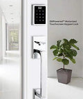 Slick Motorized Touchscreen Keypad Smart Deadbolt August Connected With Wifi Bridge For Effortless Keyless Access And Big Time Automated Nightly Auto Lock In Flat Black on a modern door.