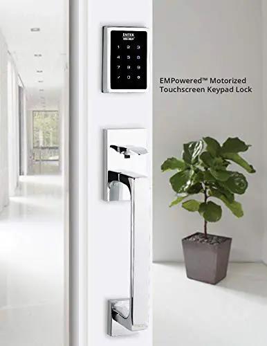 Slick Motorized Touchscreen Keypad Smart Deadbolt August Connected With Wifi Bridge For Effortless Keyless Access And Big Time Automated Nightly Auto Lock In Flat Black on a modern door.