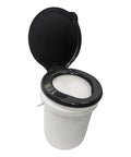 Top Rated Black Plastic Toilet Seat Lid Snaps Straight Onto Any Standard Five Gallon Bucket with white bucket visible.