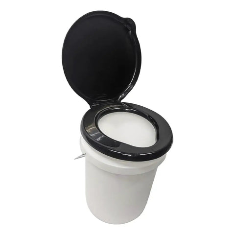 Top Rated Black Plastic Toilet Seat Lid Snaps Straight Onto Any Standard Five Gallon Bucket with white bucket visible.