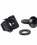 Top Shelf 10-32 Black Oxide Cage Nuts And Hex Screws With Flat Washers 25 Pack Snap In Rack Hardware. Includes screw, washer, and cage nut.