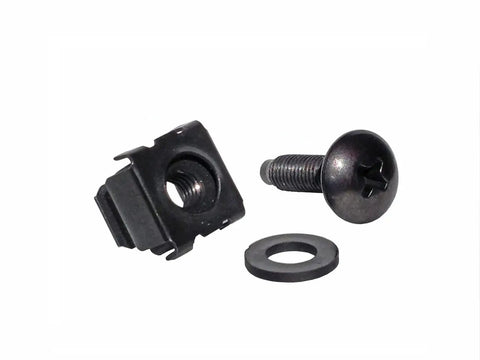 Top Shelf 10-32 Black Oxide Cage Nuts And Hex Screws With Flat Washers 25 Pack Snap In Rack Hardware. Includes screw, washer, and cage nut.