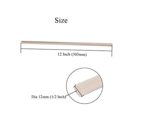 Top Shelf Unfinished Balsa Wood Dowels 12 Pack, Half Inch Round Rods Twelve Inches Long, size detail showing length and diameter.