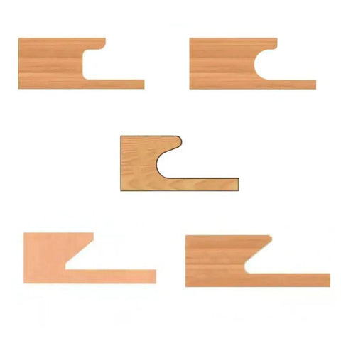 Heavy Duty Four Wing Carbide Tipped Shaper Cutter For Slick Finger Pull Cabinet Door Profiles, various wood profiles displayed.