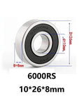 Front view of 6000RS rubber-sealed deep groove ball bearing; silver metal race with black seal, 10x26x8 mm.