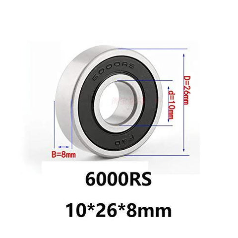 Front view of 6000RS rubber-sealed deep groove ball bearing; silver metal race with black seal, 10x26x8 mm.