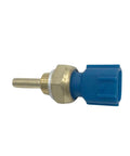 Engine coolant temperature sensor with brass threaded body and blue plastic connector, side view.