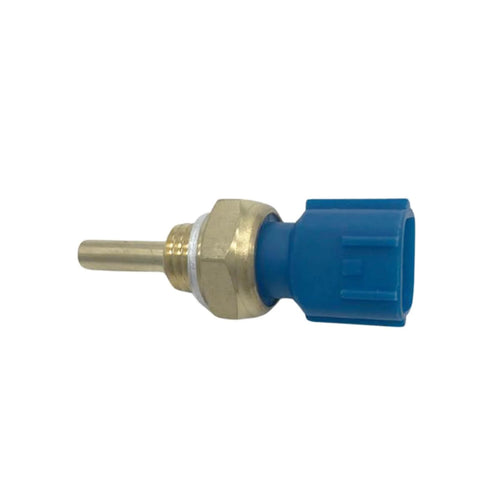 Engine coolant temperature sensor with brass threaded body and blue plastic connector, side view.