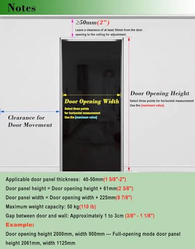 Diagram displaying measurements for Sliding Barn Door Hardware Kit With Soft Close Mirrored Trackless System For 24 To 48 Inch Doors Concealed Ghost Design Easy Install Floor Guide Replacement Parts For Smooth Quiet Operation installation.