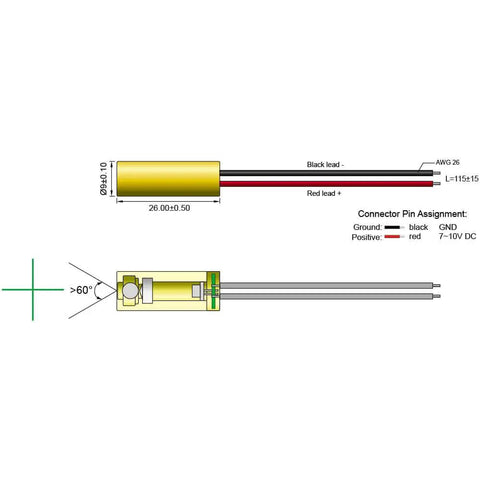 Budget Friendly Green Crosshair Laser Module 520nm With Class 1 Eye Safe Output, APC Driver, D9 X L26 mm, 7 To 10 VDC, 0 To 1 Meter Range, Green Laser Head For Precise Targeting And DIY Projects, wiring diagram