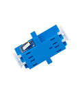 Blue plastic PC component with white end caps, vent slots and a metal latch, side view