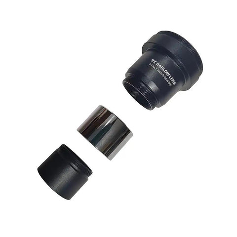 2X Barlow Lens For Telescopes And DSLR Cams, 1.25 Inch Metal Body, multicoated optics, M42 thread interface, parts view