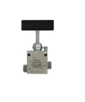 Needle valve, SS316 stainless steel, hand-operated, front view with black handle, 60,000 psi, inlet/outlet ports