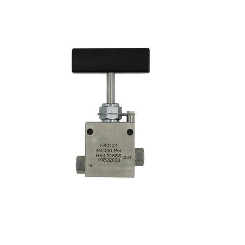 Needle valve, SS316 stainless steel, hand-operated, front view with black handle, 60,000 psi, inlet/outlet ports