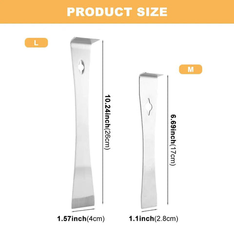 Stainless Steel Pry Bar Scraper Set With 7-1/4 Inch And 9-1/4 Inch Flat Pry Bars For Beekeeping Hive Scraping Baseboard Removal And Trim Pulling Heavy Duty Bee Hive Hand Tool Durable Silver Two Sizes shown with measurements.
