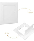Sleek 3X3 Inch White Drywall Access Panel For Bathroom Plumbing Maintenance Durable Pvc Wall Cover Plate displayed open and closed