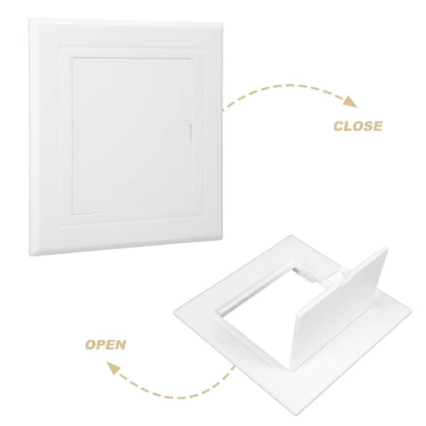 Sleek 3X3 Inch White Drywall Access Panel For Bathroom Plumbing Maintenance Durable Pvc Wall Cover Plate displayed open and closed