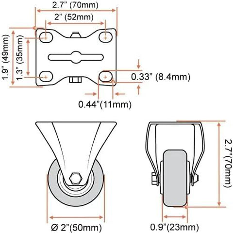 Technical diagram of 2 Inch Caster Wheels 12 Pack 6 Rigid Non Swivel Fixed Casters And 6 Swivel Plate Casters for furniture and carts