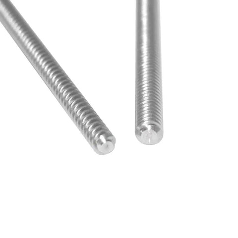 Close-up of 304 stainless steel 4mm diameter lead screw, 300mm length, 1mm pitch, trapezoidal screw with nut for precise motion, easy install.